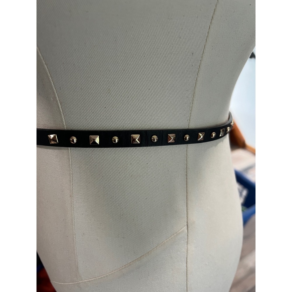 J.Crew Black Leather Skinny Studded Belt Gold Hardware Slim 35 Inch
